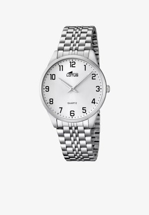 Silberne Edelstahl-Armbanduhr mit einem weißen Zifferblatt, schwarzen Stundenmarkierungen und Quarzwerk. Verfügt über ein Gliederarmband-Design.