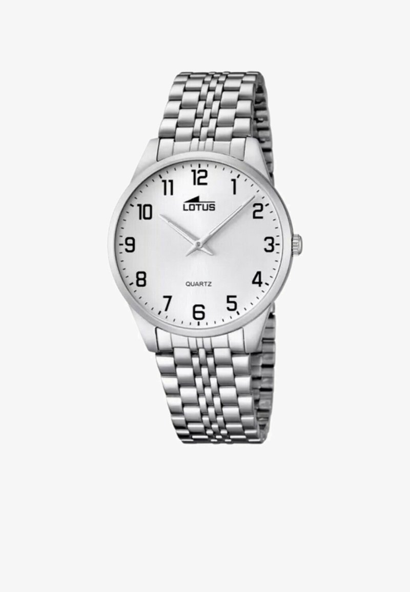 Montre-bracelet en acier inoxydable argenté avec un cadran blanc, des index horaires noirs et un mouvement à quartz. Présente un design de bracelet à maillons.