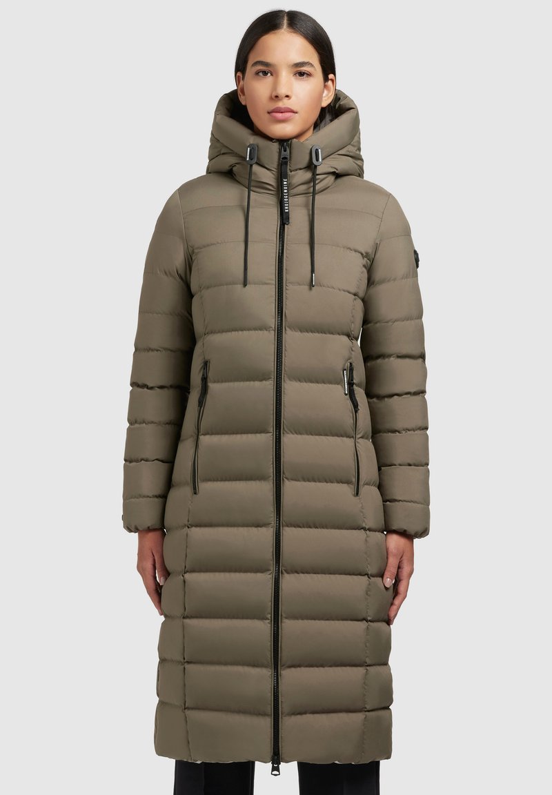 Olive green puffer coat with a hood, featuring horizontal stitched panels, zippered side pockets, and a full front zipper closure.