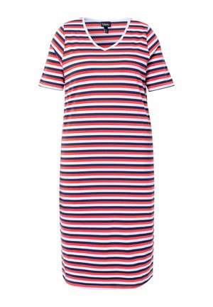 Kurzarmiges, knielanges Kleid mit horizontalen Streifen in Marineblau, Rot und Weiß und einem V-Ausschnitt.