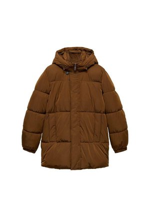 Braune gepolsterte Jacke mit Kapuze, ausgestattet mit einem Reißverschluss auf der Vorderseite, zwei seitlichen Taschen und elastischen Bündchen. Hergestellt aus leichtem, wasserabweisendem Material.