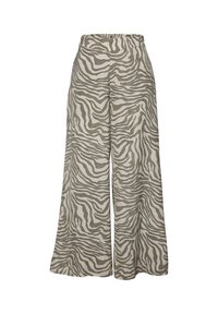 Pantaloni a gamba larga in un tessuto leggero con un motivo a strisce zebra verde e beige. Vita elastica per comfort e facilità di indossamento.
