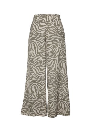 Wijduitlopende broek van een lichte stof met een groen en beige zebrapatroon. Elastische tailleband voor comfort en gemakkelijk dragen.