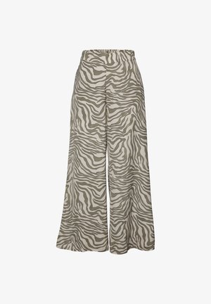 Pantalones de pierna ancha en una tela ligera con un patrón de rayas de cebra en verde y beige. Cintura elástica para mayor comodidad y facilidad de uso.