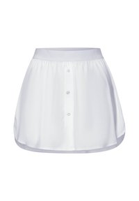 White skirt made of smooth fabric, featuring a front button placket, elastic waistband, and curved hemline with an overall loose fit.