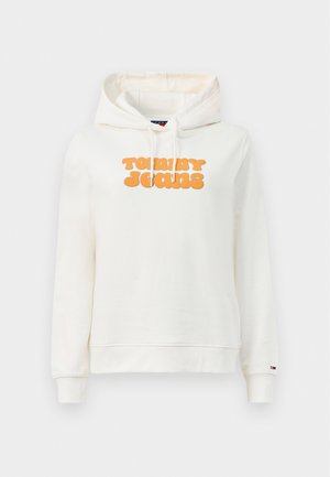 Crème hoodie van zacht materiaal, met een opvallende oranje "TOMMY JEANS" print op de voorkant, voorzien van een trekkoord in de capuchon en geribde manchetten.