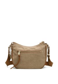 Borsa a spalla sintetica beige con un motivo floreale testurizzato, parti in oro e una tracolla in pelle removibile. Include una tasca con zip sul fronte.