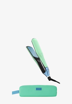 Lisseur à cheveux vert menthe et noir avec des accents bleus et une housse rectangulaire zippée assortie en dessous, sur fond blanc.