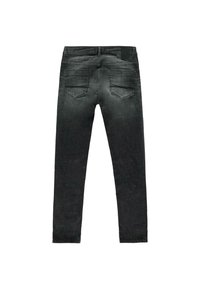 Donkergrijze denim jeans met een aansluitend design, voorzien van twee achterzakken en een zachte textuur. Geen zichtbare versieringen of slijtage.