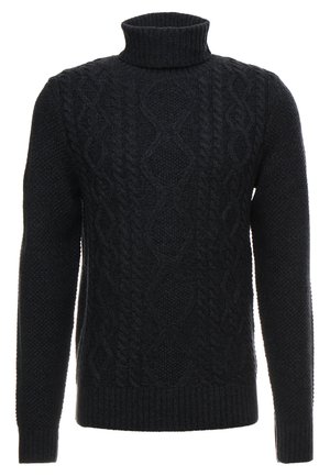Black, cable-knit sweater with a high turtleneck. Textured pattern throughout, solid color, ribbed hem and cuffs, long sleeves.