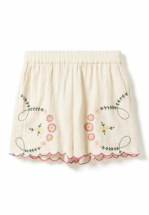 Shorts crème avec taille élastique, ourlet festonné et broderie florale en rose, jaune et vert sur les côtés avant.