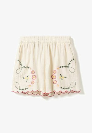 Shorts crème avec taille élastique, ourlet festonné et broderie florale en rose, jaune et vert sur les côtés avant.