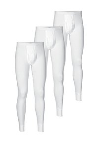 Three pairs of white thermal long underwear with a snug fit, featuring a front fly and elastic waistband, made of soft, stretchy fabric.