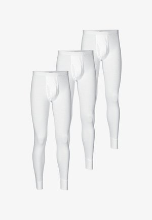 Tre par hvide termiske lange underbukser med en tætsiddende pasform, der har en frontflap og elastisk talje. De er lavet af blødt, strækbart stof.