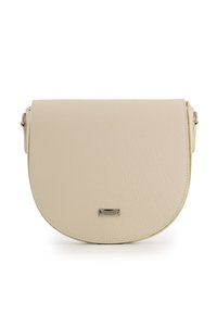 Beige Leder-Umhängetasche mit abgerundetem Klappdesign, strukturierter Oberfläche und silberfarbenen Beschlägen. Enthält einen verstellbaren Riemen.
