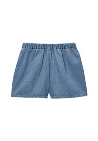 Shorts en denim avec une taille élastique, couleur bleu clair, coupe ample et plis sur les côtés pour plus de texture.