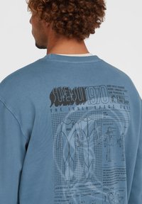 Blå sweatshirt med rund hals. Har et grafisk tryk i sort, der afbilder våddragt-diagrammer og tekst på ryggen. Blød tekstur.