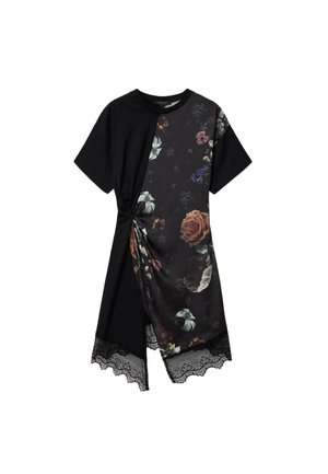 Zwarte jurk met korte mouwen en een bloemenprintpaneel, zijstrikkdetail en kanten afwerking aan de asymmetrische zoom.