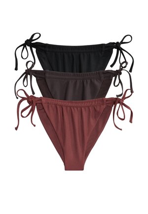 Three bikini bottoms in black, dark brown, and maroon colors with adjustable side ties, arranged in a stacked layout on a white background.