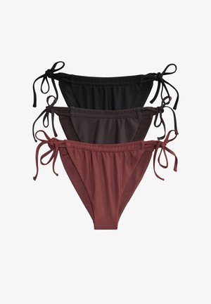 Three bikini bottoms in black, dark brown, and maroon colors with adjustable side ties, arranged in a stacked layout on a white background.