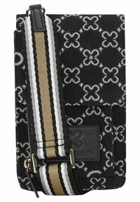 Schwarze Stofftasche mit floralem Muster, ausgestattet mit einem gestreiften Trageriemen in Braun, Weiß und Schwarz. Enthält einen Reißverschluss und ein Lederakzent.