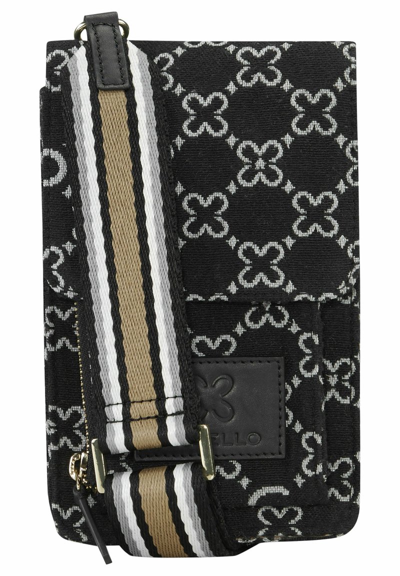 Schwarze Stofftasche mit floralem Muster, ausgestattet mit einem gestreiften Trageriemen in Braun, Weiß und Schwarz. Enthält einen Reißverschluss und ein Lederakzent.