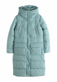 Langer Steppmantel in Hellblau mit Kapuze, Druckknöpfen und zwei großen Fronttaschen mit strukturiertem Karo-Muster.