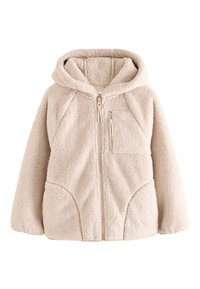 Jachetă de fleece bej cu glugă, închidere cu fermoar și material texturat. Are un buzunar frontal și mâneci raglan cu cusături accentuate.