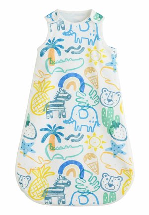 Sleeveless baby sleep sack with colorful illustrations of animals, plants, rainbows, and ice cream cones on white fabric.