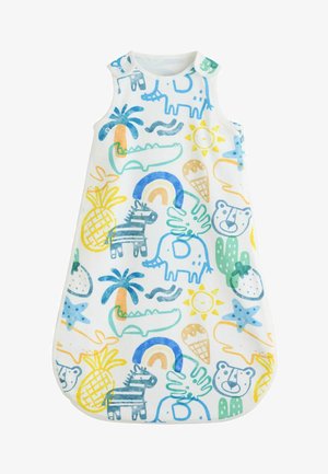 Ärmelloser Babyschlafsack mit bunten Illustrationen von Tieren, Pflanzen, Regenbögen und Eistüten auf weißem Stoff.