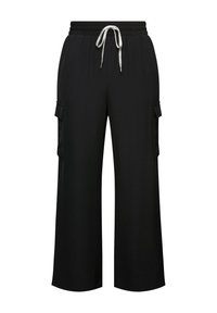 Zwarte wijde pantalons met een trekkoord in de taille, voorzien van twee zijcargo pockets en gemaakt van een gladde, lichtgewicht stof.