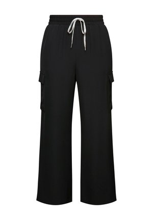 Black wide-leg pants with a drawstring waistband, featuring two side cargo pockets and a smooth, lightweight fabric.