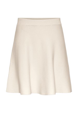 Une jupe évasée beige faite d'un tissu doux avec une texture lisse, dotée d'une large ceinture et d'un ourlet à hauteur de genoux.