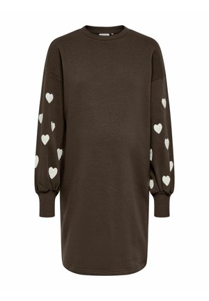 Dunkelbraunes Kleid mit langen Ärmeln, weißen Herzmustern entlang beider Ärmel und gerippten Bündchen, Rundhalsausschnitt und geradem Saum.