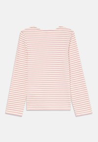 Long-sleeve top featuring a pink and purple striped pattern on a cream background, with a rounded neckline and soft, ribbed texture.