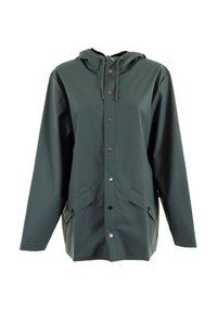 Waterdichte donkergroene regenjas met een capuchon, drukknoopsluiting, twee zijzakken en een relaxte pasvorm. Soepele, matte textuur.