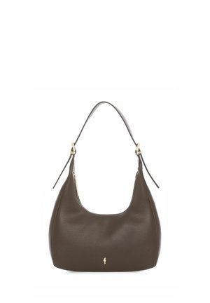 Ciemnobrązowa skórzana torba na ramię z pojedynczym paskiem i małym złotym logo na dole, na środku.