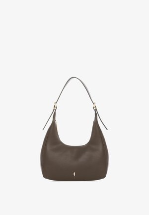 Ciemnobrązowa skórzana torba na ramię z pojedynczym paskiem i małym złotym logo na dole, na środku.