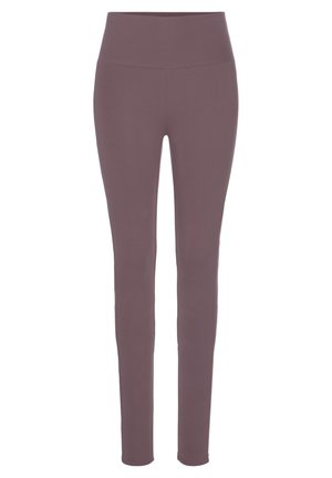 Purple athletic leggings made from stretchy fabric, featuring a high waistband and a fitted design that tapers at the ankles.