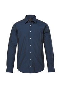 Dlouhý rukáv, košile na knoflíky v tmavě modré barvě se vzorem kostky. Vyrobena z hladké látky, s klasickým límečkem a bílými knoflíky.
