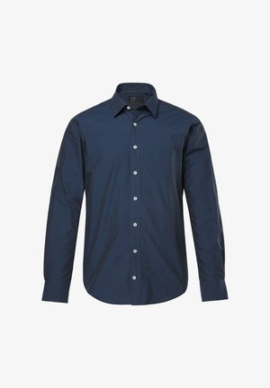 Overhemd met lange mouwen in donkerblauw met een geruit patroon. Gemaakt van gladde stof, met een klassieke kraag en witte knopen.