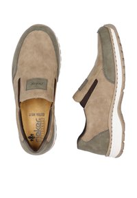 Tan and olive-colored slip-on shoes with suede and leather texture, elastic side accents, and a cushioned sole. Lightweight and ergonomic design.