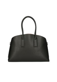 Borsa a tracolla in pelle nera con una forma arrotondata, doppio manico e hardware minimale. Presenta una fodera interna liscia e una base strutturata.