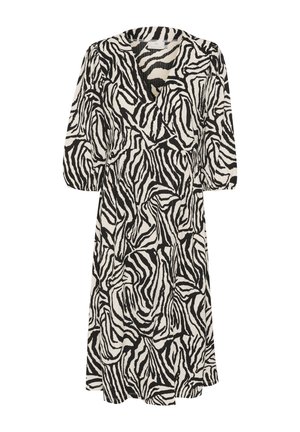 Rochie cu imprimeu zebra alb-negru, până la genunchi, cu decolteu în V, mâneci bufante de trei sferturi și design cu talie strânsă. Țesătură texturată.