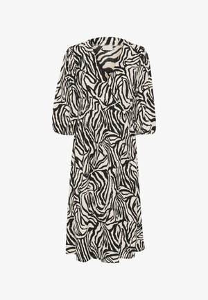 Schwarz-weißer Zebra-Print-Kleid, knielang mit V-Ausschnitt, dreiviertellangen Puffärmeln und tailliertem Design. Strukturierten Stoff.