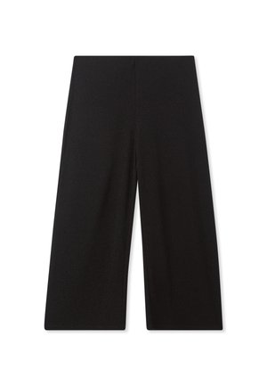 Pantaloni neri a gamba larga realizzati in un tessuto liscio. Caratterizzati da una vita alta e un taglio dritto. Senza motivi visibili o dettagli metallici.
