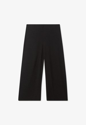 Czarne szerokie spodnie w długim kroju, wykonane z gładkiego materiału. Posiadają wysoki stan i prosty krój. Brak widocznych wzorów lub detali metalowych.