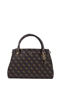 Sac à main en synthétique bleu marine avec des logos dorés, forme structurée, doubles poignées et accents en métal argenté incluant un détail de porte-clés.