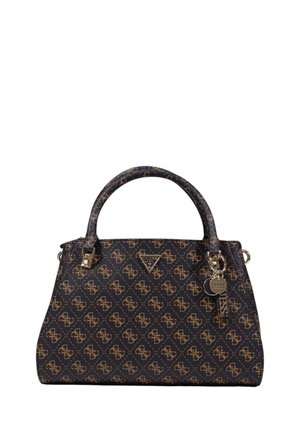 Borsa sintetica blu navy con loghi dorati, forma strutturata, doppie maniglie e dettagli in hardware argentato, incluso un portachiavi.