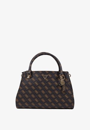 Marineblaue synthetische Handtasche mit goldenen Logos, strukturierte Form, Doppelhenkel und silberne Hardware-Details, einschließlich eines Schlüsselanhänger-Elements.